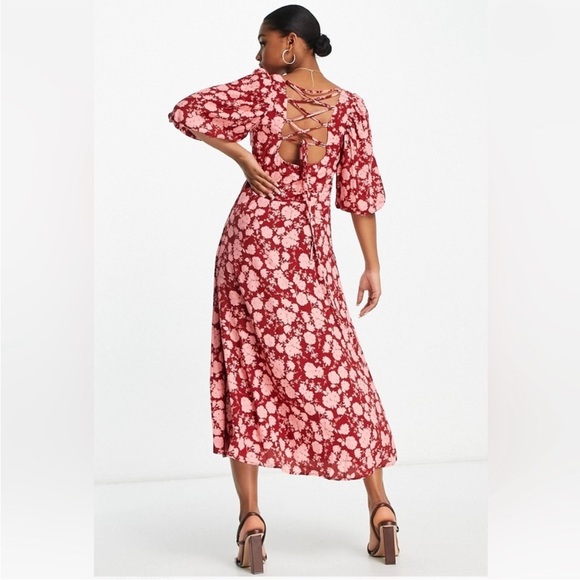 Nobody’s Child Kenya Red Pink Floral Hollie Silhouette Puff Sleeve Dress Size 2 - Picture 3 of 9